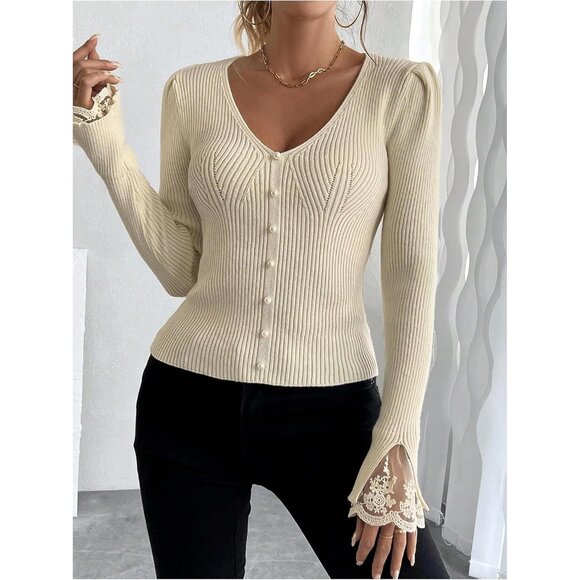 Women's V Neck Lace Sweater Long Sleeve Pearl Beaded Rib Knit Top - Picture 3 of 6